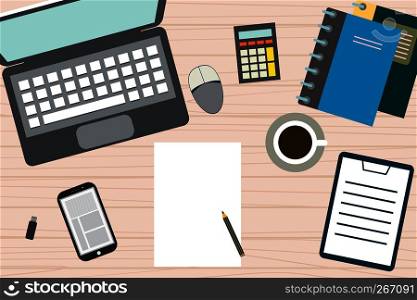 Analytic research mock up, modern electronic and mobile devices. Work desktop top view. Flat vector illustration design.. Analytic research mock up, modern electronic and mobile devices.