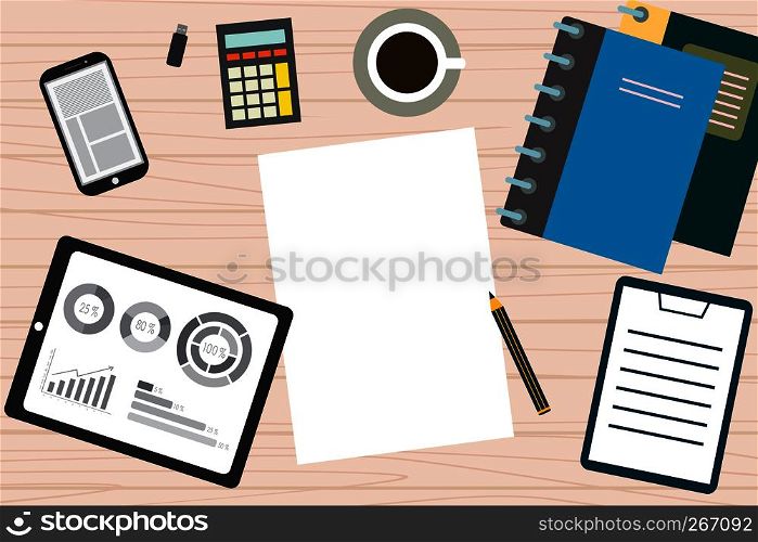 Analytic research mock up, modern electronic and mobile devices. Work desktop top view. Flat vector illustration design.. Analytic research mock up, modern electronic and mobile devices.
