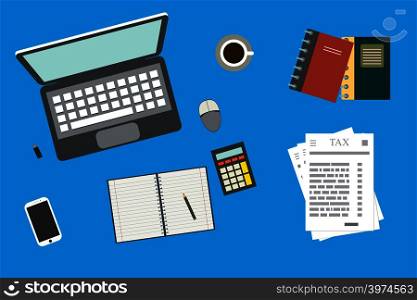 Analytic research,tax report on paper sheets. Work desktop top view. Flat stock vector design. Analytic research,tax report on paper sheets