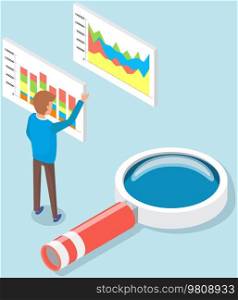 Analytic worker looking at poster with growing graph. Employee analyzes statistical indicators. Male character with statistics, financial data, magnifying glass, business reports vector illustration. Employee analyzes statistical indicators. Man with statistics, financial data, magnifying glass