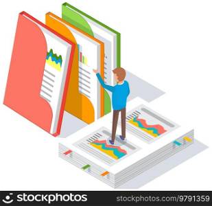 Analytic worker with papers, diagram, bar charts, document folders. Man analyzes business reports with statistical indicators. Male character works with statistics, financial data vector illustration. Analytic worker with papers, document folders. Man analyzes business reports with statistics