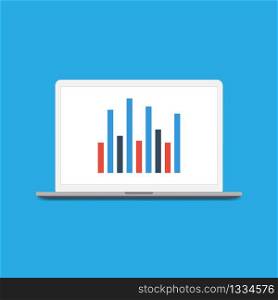Analytical graph on the laptop screen. Vector flat style graphics on a blue background. EPS 10