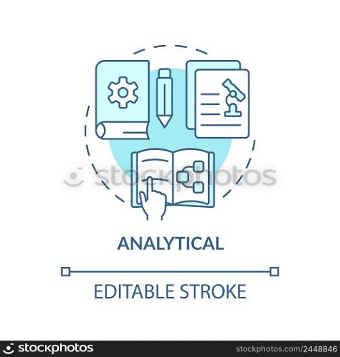 Analytical turquoise concept icon. Information type abstract idea thin line illustration. Facts interpretation. Isolated outline drawing. Editable stroke. Arial, Myriad Pro-Bold fonts used. Analytical turquoise concept icon