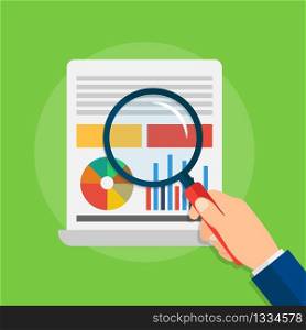 Analytics and data analysis with graphs and charts. Hand holding magnifying glass. Vector illustration of a flat style on a green background. EPS 10