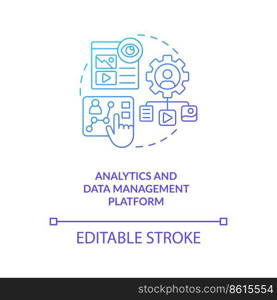 Analytics and data management platform blue gradient concept icon. Digital marketing tools. Research for abstract idea thin line illustration. Isolated outline drawing. Myriad Pro-Bold fonts used. Analytics and data management platform blue gradient concept icon