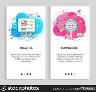 Analytics and management, board with growth chart, statistic report, business cooperation, communication symbol on abstract liquid shape vector. Website or app slider, landing page flat style. Statistical Report, Management Cooperation Vector