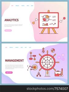 Analytics and management vector, business online web pages. Presentation with graphics and diagrams, steering wheel and target with arrows, briefcase. Website template landing page in flat. Analytics and Management, Business Online Pages