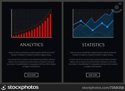 Analytics and statistics charts on web pages. Graphics of bars with lines that represent analytical statistical data vector illustrations set.. Analytics and Statistics Graphics on Web Pages