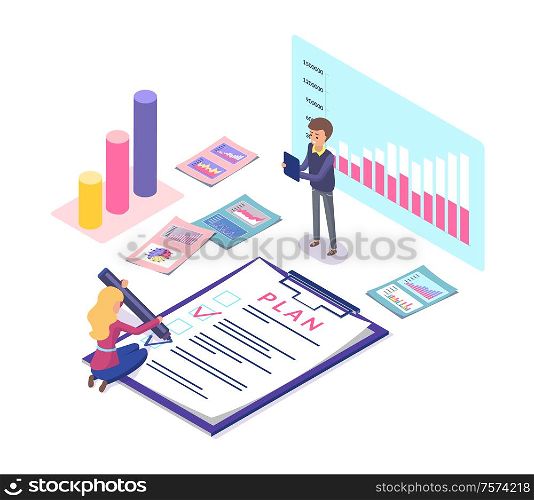 Analytics and statistics of business plan vector. Tasks and fulfillment, info charts and infographics, teamwork and schemes showing results of project. Worker Making Business Plan, Infographics Diagram