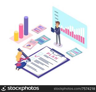 Analytics and statistics of business plan vector. Tasks and fulfillment, info charts and infographics, teamwork and schemes showing results of project. Worker Making Business Plan, Infographics Diagram