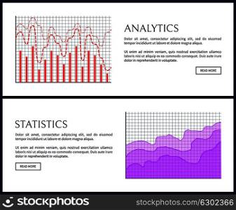 Analytics and statistics pages web sites with text samples and buttons, headlines analytics and statistics data with visualisation vector illustration. Analytics and Statistics Pages Vector Illustration