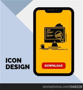 analytics, board, presentation, laptop, statistics Glyph Icon in Mobile for Download Page. Yellow Background. Vector EPS10 Abstract Template background