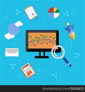 Analytics, business strategy and e-commerce illustration. Flat style concept of analysis and searching