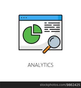 Analytics. CDN. Content delivery network icon, Website CDN technology, Internet media database storage and backup server outline vector symbol with infographics on web page and magnifying glass. Analytics. CDN. content delivery network icon