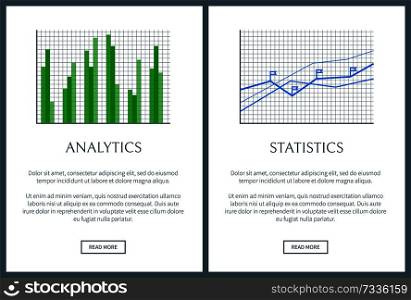 Analytics chart and statistics graph, color cards, vector illustration isolated on white, green pillars, curved lines with flags points, graph data. Analytics Chart and Statistics Graph, Color Cards