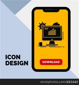 Analytics, chart, seo, web, Setting Glyph Icon in Mobile for Download Page. Yellow Background. Vector EPS10 Abstract Template background