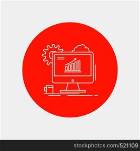 Analytics, chart, seo, web, Setting White Line Icon in Circle background. vector icon illustration. Vector EPS10 Abstract Template background