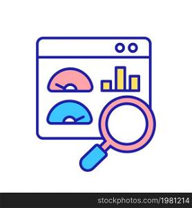 Analytics dashboard RGB color icon. Evaluating key performance metrics. Analysing data. Assessment of operating system. Digital platform. Isolated vector illustration. Simple filled line drawing. Analytics dashboard RGB color icon