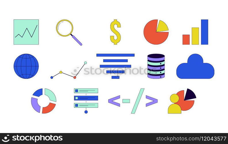 Analytics database management 2D linear cartoon objects set. Planning, chart graph, cloud storage isolated line vector elements white background. Data analysis color flat spot illustration collection. Analytics database management 2D linear cartoon objects set