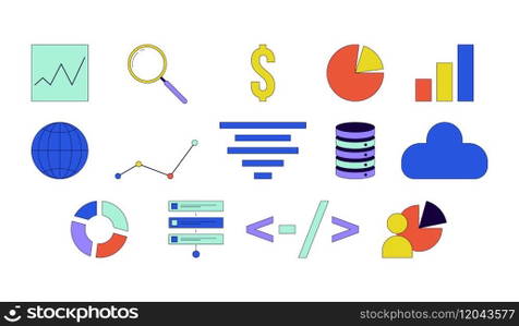 Analytics database management 2D linear cartoon objects set. Planning, chart graph, cloud storage isolated line vector elements white background. Data analysis color flat spot illustration collection. Analytics database management 2D linear cartoon objects set