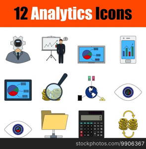 Analytics Icon Set. Flat Color Outline Design With Editable Stroke. Vector Illustration.