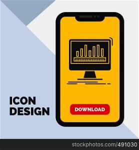 analytics, processing, dashboard, data, stats Glyph Icon in Mobile for Download Page. Yellow Background. Vector EPS10 Abstract Template background