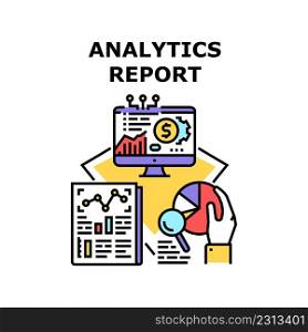 Analytics Report Vector Icon Concept. Analytics Report Researching Financial Manager On Document List Or Computer Screen. Analyzing Finance Chart And Diagram Documentation Color Illustration. Analytics Report Vector Concept Color Illustration