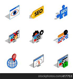 Analytics search information icons set. Isometric 3d illustration of 9 analytics search information vector icons for web. Analytics search information icons