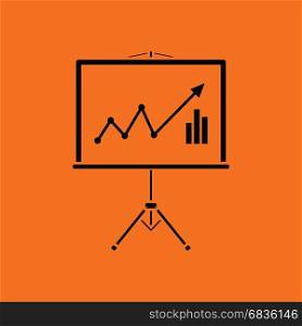 Analytics stand icon. Orange background with black. Vector illustration.