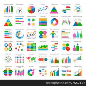 Analytics statistics icons in flat style isolated on white. Signboard and chart, statistics and scatter, circle diagram, target and achievement vector. Analytics Statistics Icons in Flat Style Vector
