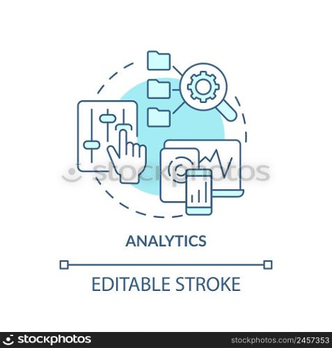 Analytics turquoise concept icon. Business intelligence function abstract idea thin line illustration. Improve performance. Isolated outline drawing. Editable stroke. Arial, Myriad Pro-Bold fonts used. Analytics turquoise concept icon