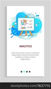Analytics vector, presentation with information and analyze data in visual form, poster explanation whiteboard with diagram and segments. Website or app slider, landing page flat style. Analytics Information in Visual Representation