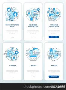 Analyze customer behavior blue onboarding mobile app screen set. Walkthrough 3 steps editable graphic instructions with linear concepts. UI, UX, GUI template. Myriad Pro-Bold, Regular fonts used. Analyze customer behavior blue onboarding mobile app screen set