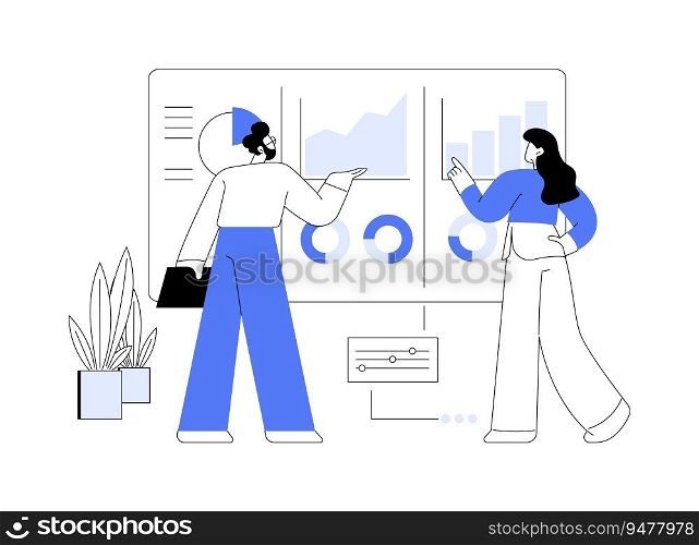 Analyzing business data abstract concept vector illustration. Colleagues analyzing business data using interactive board together, cooperation idea, brainstorming process abstract metaphor.. Analyzing business data abstract concept vector illustration.