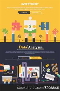 Analyzing financial data investment and charts on banners with buttons in flat design. Hands with puzzles. Creative team work top view. Web banners marketing and promotional materials. Analyzing and Investment Concept