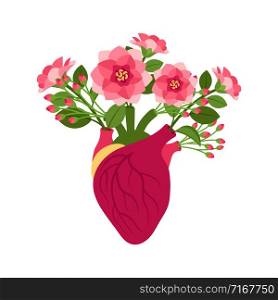Anatomical pink doodle heart icon with flowers. Flourish hart vector illustration isolated on white background. Anatomical pink doodle heart with flowers