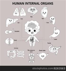Anatomy human body. Cute boy and visual scheme internal male organs characters, names and locations. Kids medical infographic. Vector illustration. Outline, colorize hand drawing. kids collection