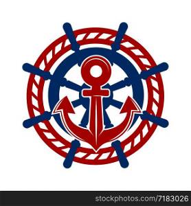 Anchor and helm logo template for marine or nautical . Vector icon of boat steering wheel and ship rope for yachting club badge. anchor and helm marine nautical vector icon