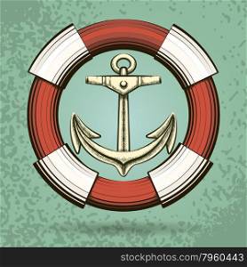 Anchor and Lifebuoy in retro style. Colorful illustration.