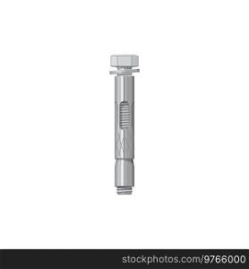 Anchor bolt in metal dowel isolated realistic icon. Vector metallic expansion anchor with silver zinc coating, screw. Iron chrome impact dowel, car repair and fixing, building construction object. Metallic expansion anchor with silver zinc coating
