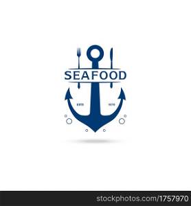 Anchor, fork and knife vector logo design template (icon, sign, symbol). Suitable for seafood restaurant or bar, coastal kitchen brand on white background vector illustration