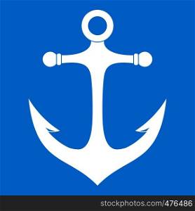 Anchor icon white isolated on blue background vector illustration. Anchor icon white