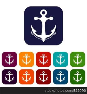 Anchor icons set vector illustration in flat style in colors red, blue, green, and other. Anchor icons set