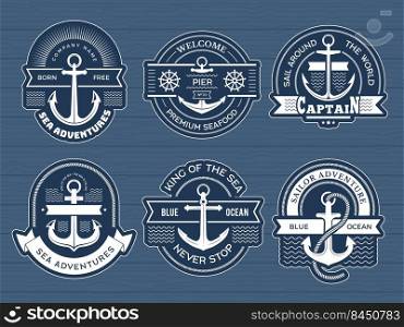 Anchor labels. Nautical adventure marine exploration symbols old grunge labels business stylized logos recent vector template with place for text. Emblems sea nautical adventure with anchor. Anchor labels. Nautical adventure marine exploration symbols old grunge labels business stylized logos recent vector template with place for text