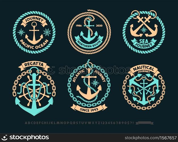 Anchor logo, nautical adventure emblem, t-shirt print style. Vector illustration set. Anchor logo, nautical adventure emblem, t-shirt print style.