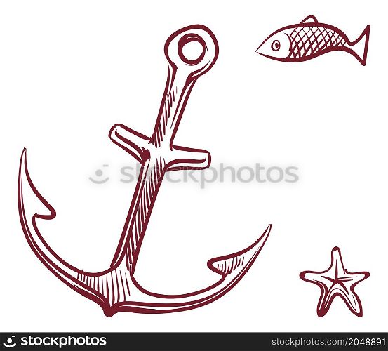 Anchor on seabed with fish and starfish. Underwater life isolated on white background. Anchor on seabed with fish and starfish. Underwater life