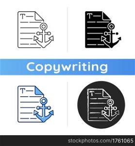 Anchor text icon. Webpage with link. Document with hyperlink. Copywriting services. Freelance, SEO work. Commercial article. Linear black and RGB color styles. Isolated vector illustrations. Anchor text icon