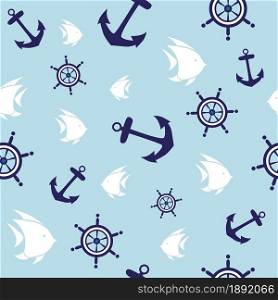 Anchor, wheel and fish seamless pattern. Nautical concept. Vector illustration.