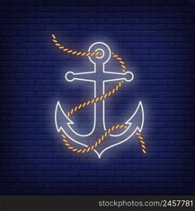 Anchor with rope or chain neon sign. Glowing banner or billboard elements. Vector illustration in neon style for topics like sea, sailing, ship, marine