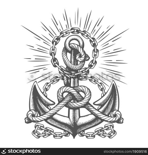 Anchor with Ropes and Chains nautical Tattoo in engraving style. Vector illustration.. Ship anchor with tridents and ropes engraving illustration